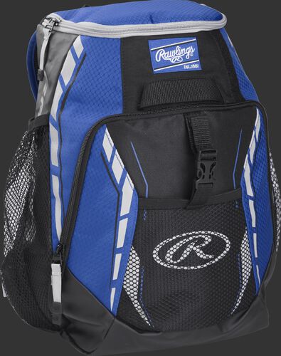 Side angle of a royal R400 Rawlings youth players backpack with a Rawlings patch logo and Gray Oval R logo