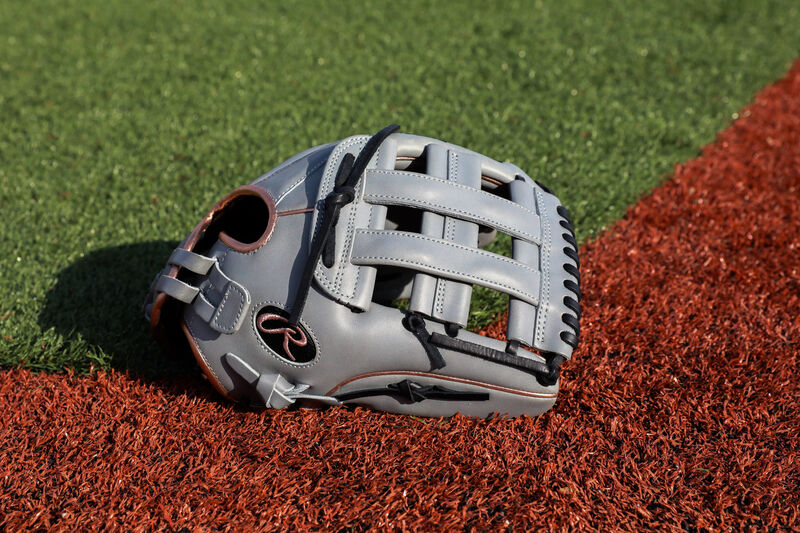 A gray Liberty Advanced Color Series 12.75-Inch outfield glove with a gray H-web on a field - SKU: RLA1275SB-6GRG