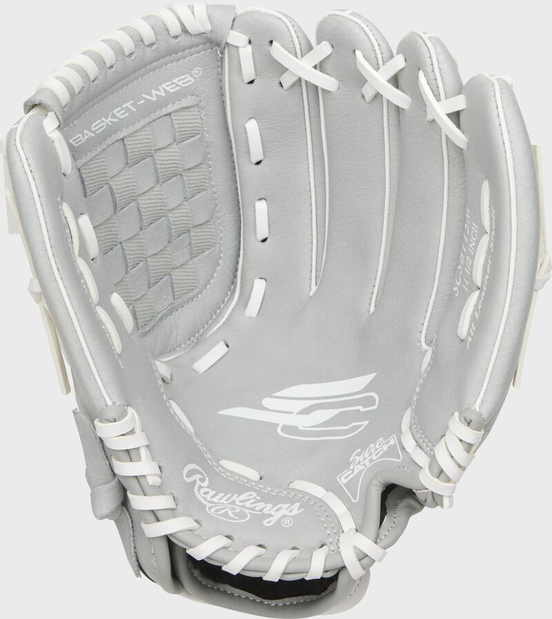 SCSB115M Rawlings Sure Catch Softball youth glove with a grey palm and white laces