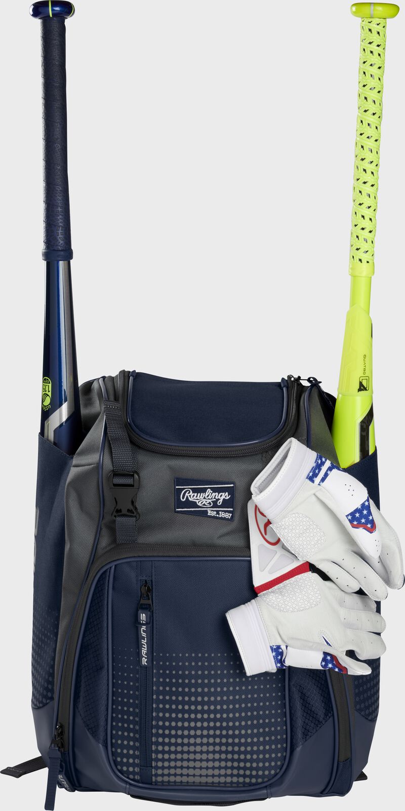 A navy Franchise backpack with two bats in the sides and batting gloves on the front Velcro strap - SKU: FRANBP-N