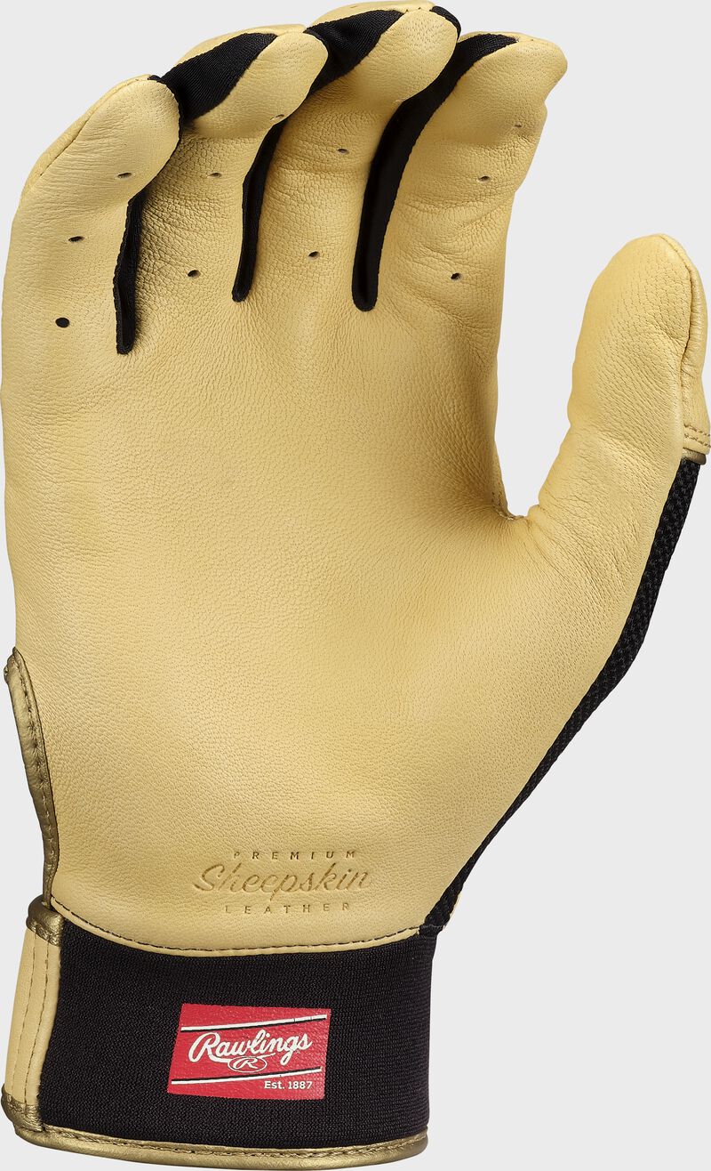 Camel leather palm of a Rawlings Pro Preferred batting glove - SKU: PROPRFBG-CMBK