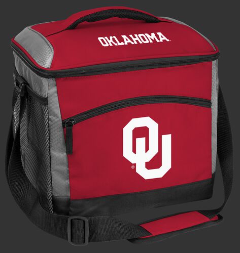 A red Oklahoma Sooners 24 can soft sided cooler with screen printed team logos - SKU: 10223045111