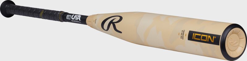 Angled view of a tan/black -8 Rawlings Icon USA Baseball bat