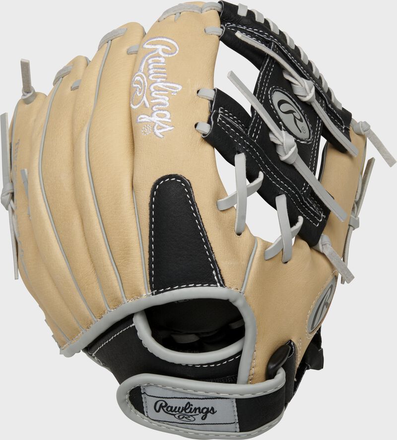 Back of a camel/black Sure Catch 11-Inch I-web glove with a silver Rawlings patch on the Velcro wrist strap - SKU: SC110BCI