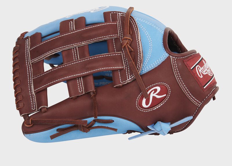Thumb of a maroon/columbia blue exclusive Heart of the Hide 13-Inch outfield glove with a maroon H-web glove - SKU: PRO3039-6CBM