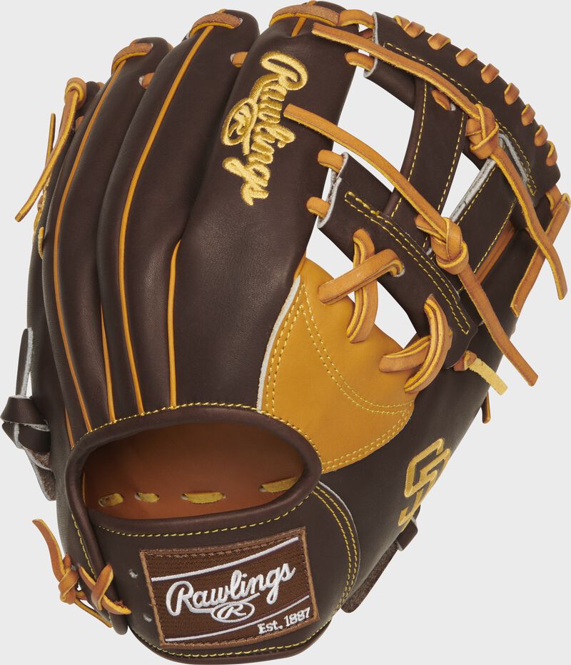 Back of a San Diego Padres Heart of the Hide V-web glove with a brown Rawlings patch - SKU: RSGPRONP4-7SD