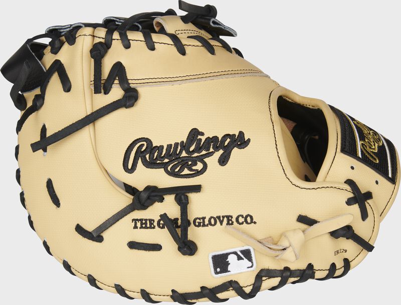 Camel Speed Shell back of a Rawlinngs Heart of the Hide first base mitt with the MLB logo on the pinkie - SKU: PRODCTCBSS
