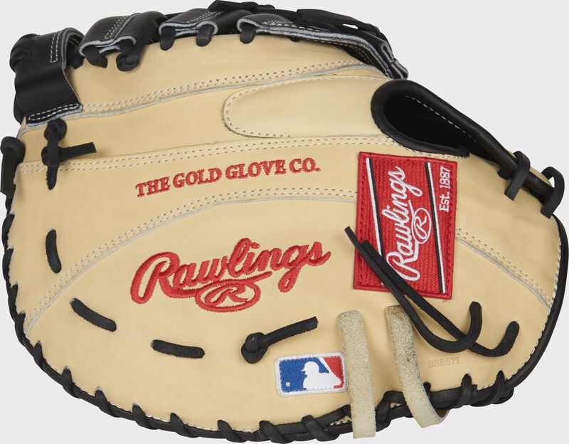Back of a camel HOH 12-inch 1st base mitt with a red Rawlings patch and MLB logo - SKU: PROTMPRO