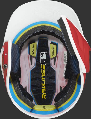 Inside of a MACHEXTR Rawlings MACH baseball helmet with IMPAX durable foam padding