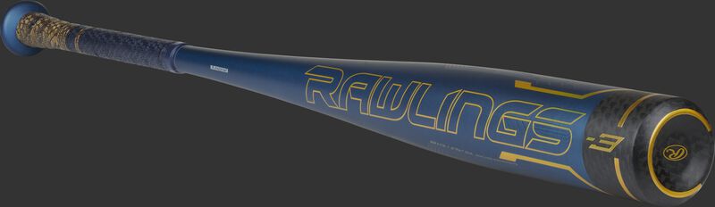 Angled view of a 2021 Rawlings Velo ACP BBCOR bat with a black carbon fiber end cap - SKU: BB1V3