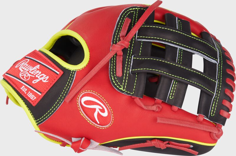 Thumb of a red/black Oneil Cruz Heart of the Hide infield glove with a black H-web - SKU: PRO205-6OC