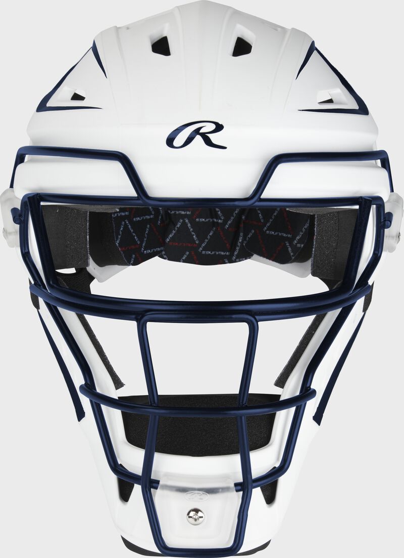 Front of a white/navy Velo catcher's mask