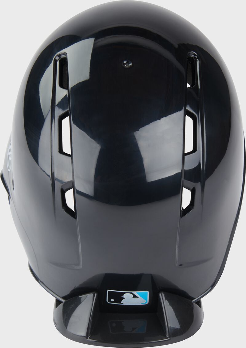 Back of a black Marlins mini replica helmet