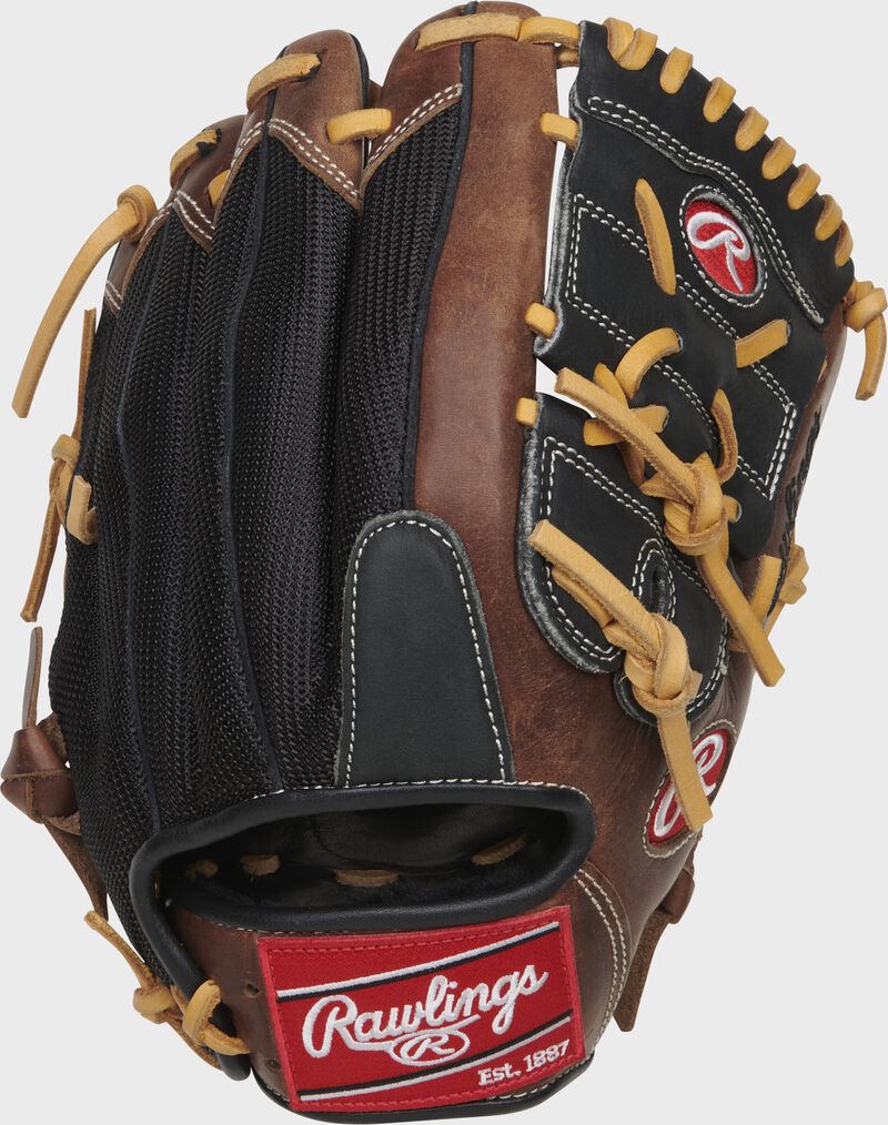 Black mesh back of a Heart of the Hide 2-piece solid web infield/pitcher's glove with a red Rawlings patch - SKU: PRO1175SCSLMPRO loading=