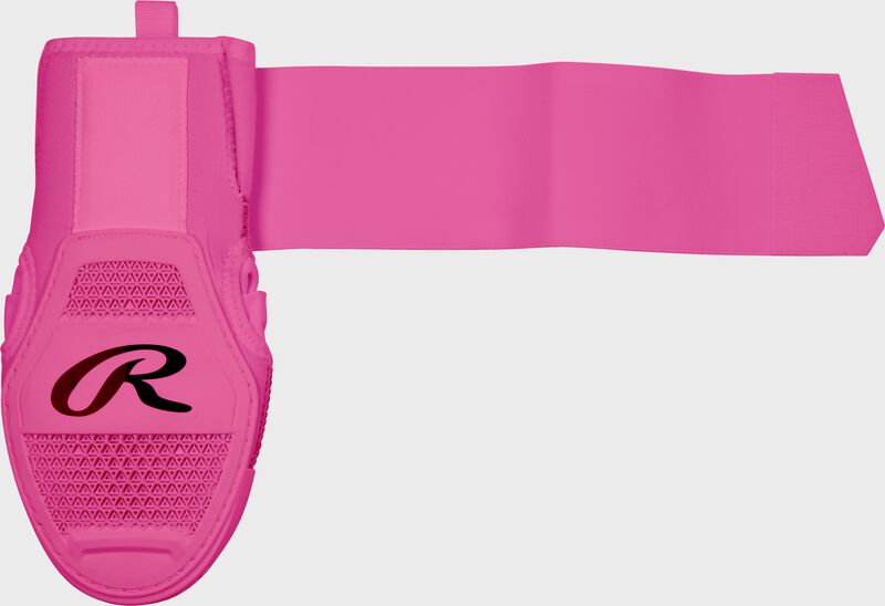 Back of a pink sliding mitt with the wrist strap stretched out