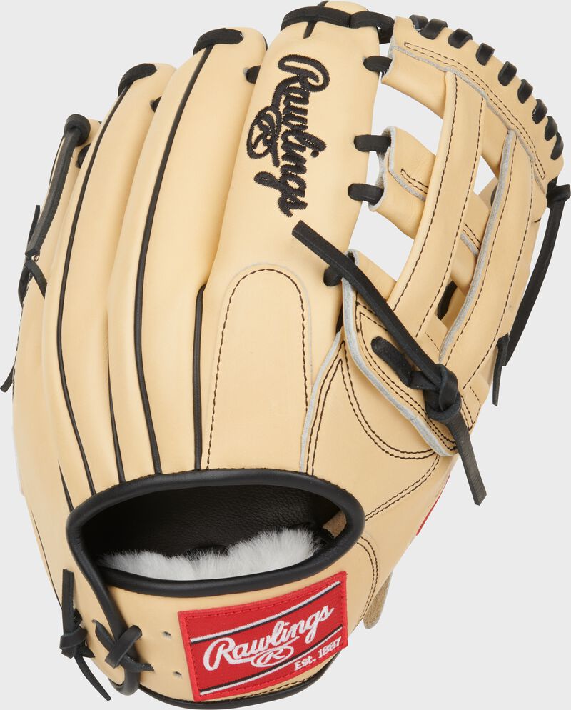 Camel back of a Manny Machado Pro Preferred H-web glove with a red Rawlings patch - SKU: PROSNP6-MM13
