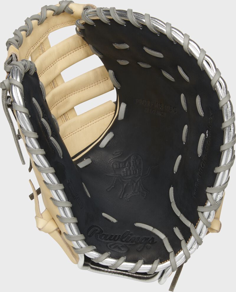 Black palm of a Rawlings Heart of the Hide R2G 1st base mitt with gray laces - SKU: PRORFM18-10BC