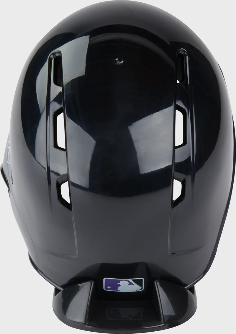 Back of a black Rockies mini replica helmet loading=