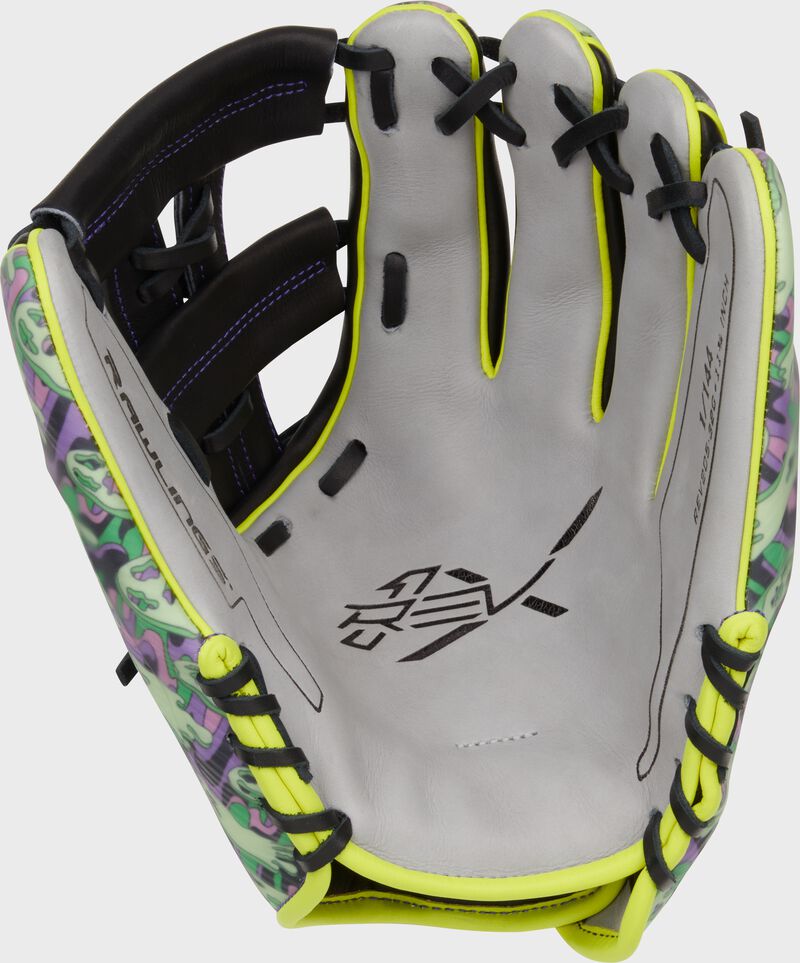 Gray palm of a Rawlings REV1X Halloween edition glove with black laces