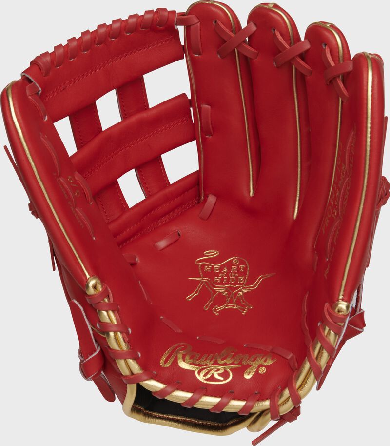 Shell palm view of scarlet red Gameday 57 Series Joey Gallo Heart of the Hide glove