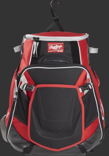 A scarlet VELOBK Rawlings Velo bag with a hook to hang it on the fence