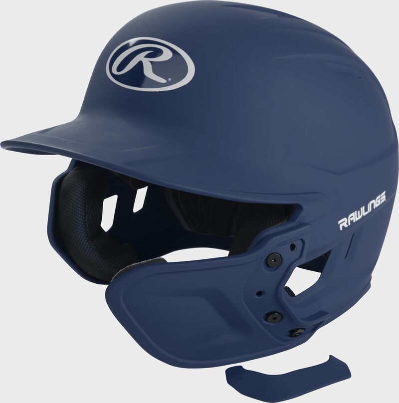View of Matte Navy Mach EXT Batting Helmet Extension For Right-Handed Batter on helmet - SKU: MEXTR