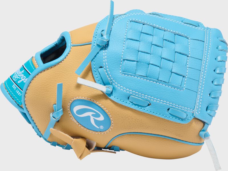 Camel thumb of a Rawlings Flex Palm Series 10-Inch Youth Baseball Glove with a Columbia blue Basket web