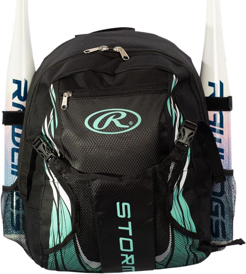 A black/mint Storm girls softball backpack - SKU: GBRSTBK3-B/M