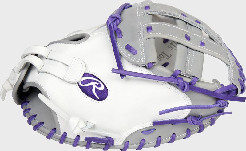 Thumb of a white/gray/purple Liberty Advanced Color Series 34-Inch catcher's mitt with a gray H-web - SKU: RLACM34FPWPG