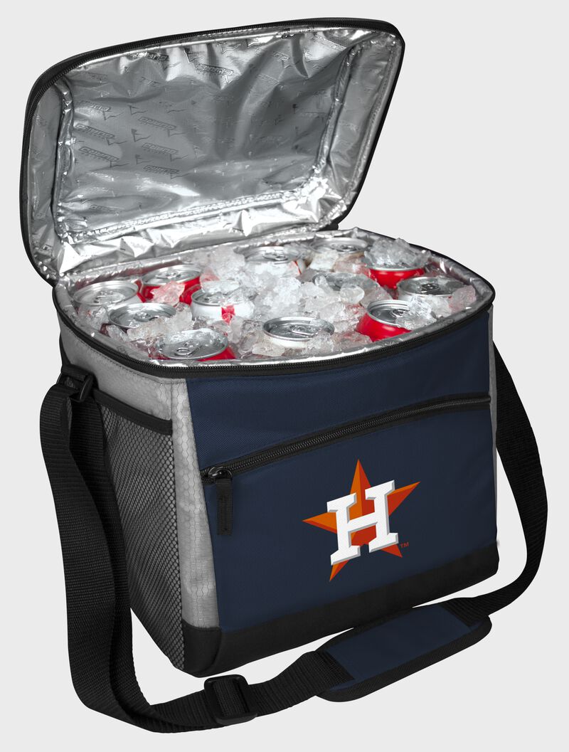 An open Houston Astros 24 can cooler with ice and drinks
