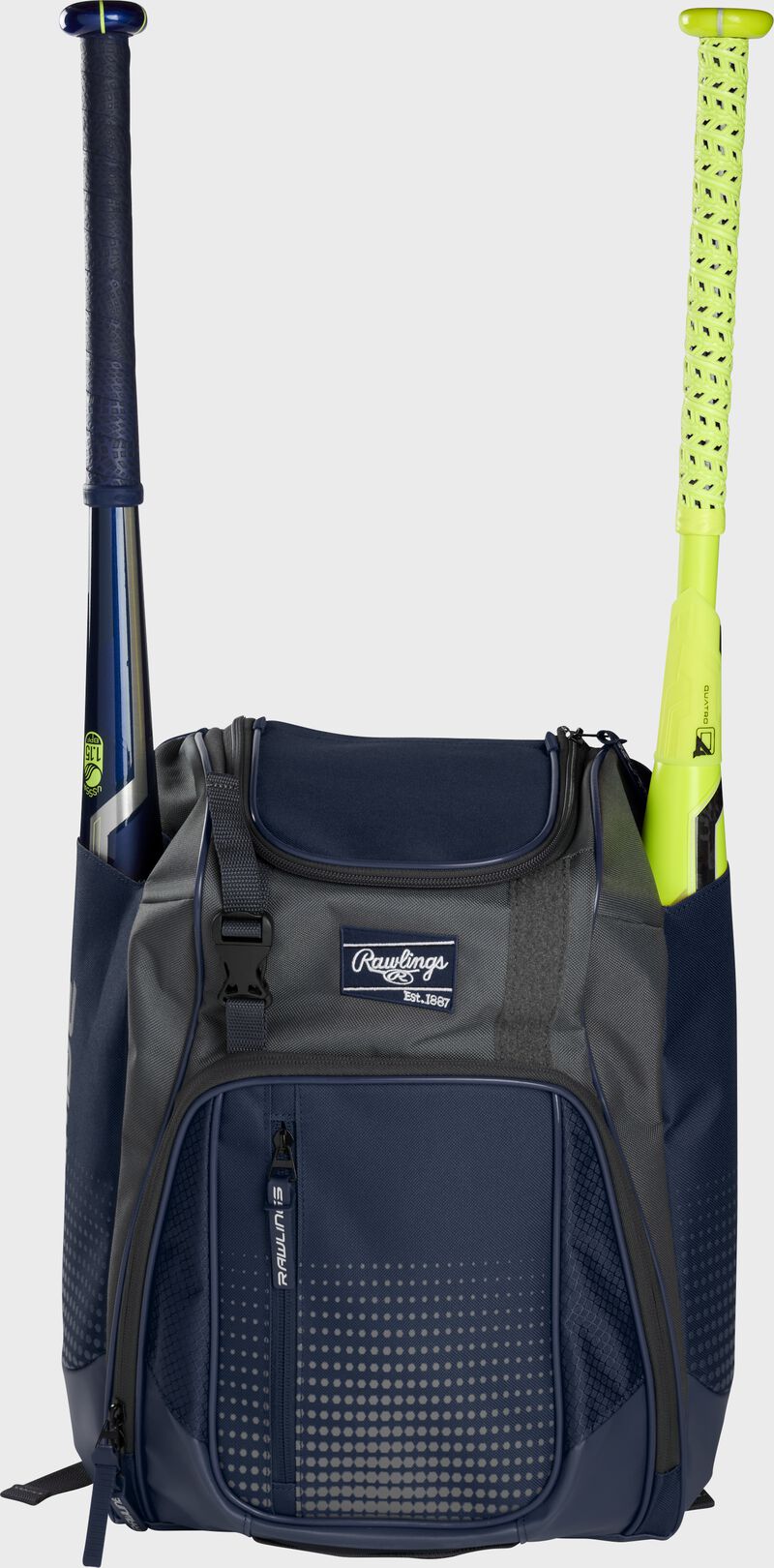 Front of a navy Rawlings Franchise baseball backpack with two bats in the side sleeves - SKU: FRANBP-N loading=