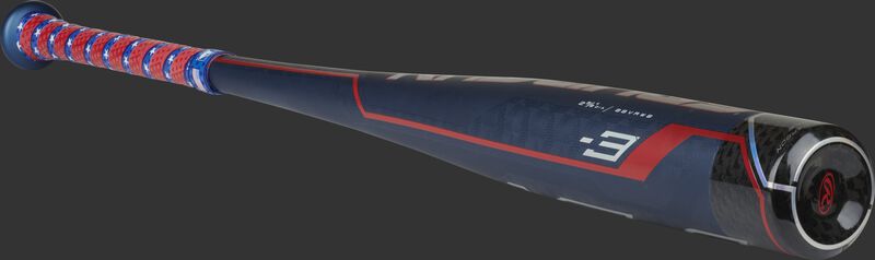 Angle view of a Rawlings limited edition Velo ACP baseball bat with a blue barrel and black composite end cap – SKU: BBVRWB