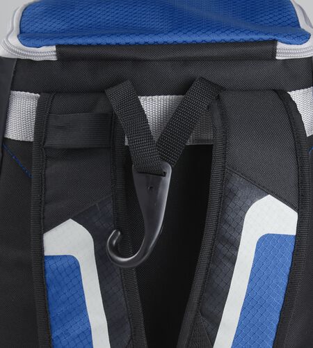 Exterior handle on the back of a black/royal R500 backpack with a hook for hanging it up