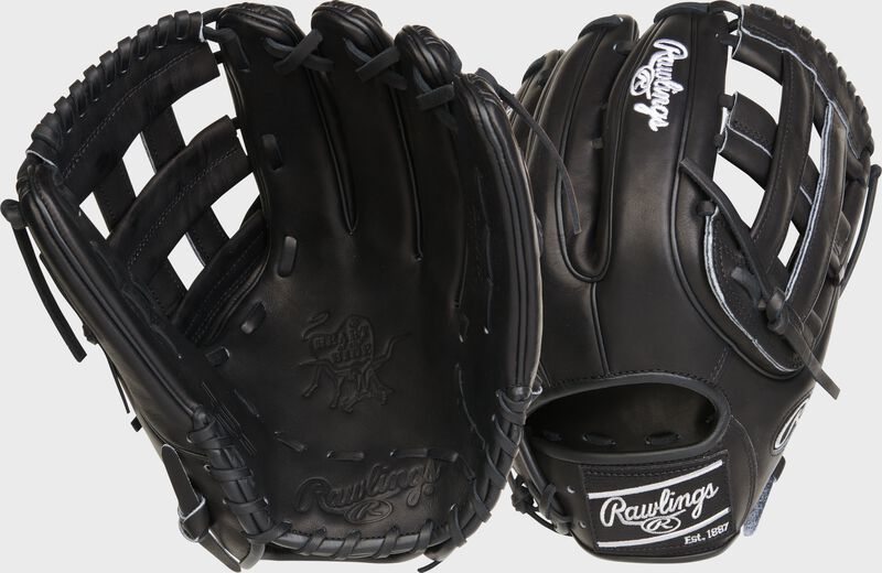 2 images showing the palm and back of a blackout HOH R2G 12.75" outfield glove - SKU: RSGPROR3319-6B loading=