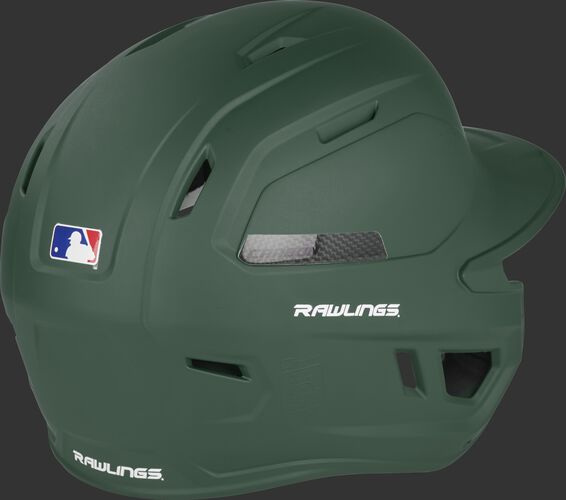 Back right of a matte dark green CAR07A Rawlings high performance adult helmet with air vents on the back