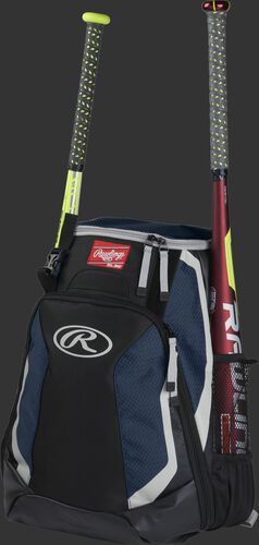Left side of a black/navy R500 baseball backpack with a red bat in the side sleeve
