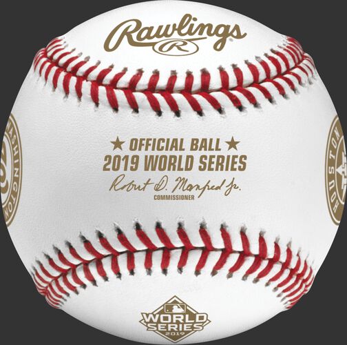 Gold stamps on a WSBB19DL MLB 2019 World Series Dueling baseball with the commissioner's signature on the Official Ball of MLB