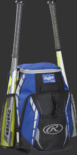 Side angle view of a royal R400 youth equipment backpack with two bats in the side bat sleeves