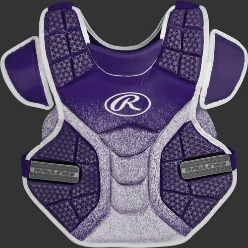 A purple/white SBCPVI Velo intermediate softball chest protector
