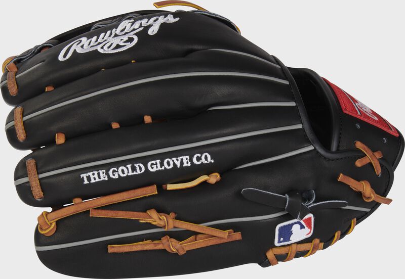 Black back of a Rawlings Heart of the Hide 12.75" outfield glove with the MLB logo on the pinky - SKU: PROT3029C-6B