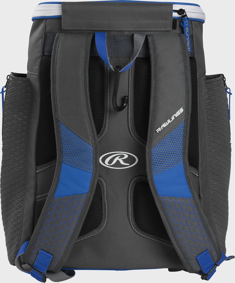 Back of a royal Rawlings Impulse baseball backpack with gray shoulder straps - SKU: IMPLSE-R