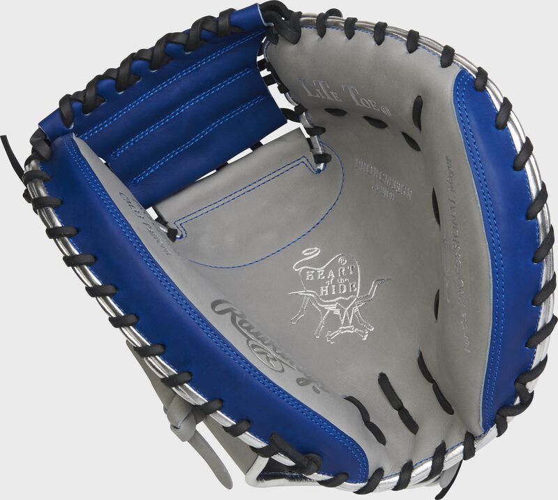 Gray palm of a Rawlings Heart of the Hide R2G catcher's mitt with black laces - SKU: RSGPRORCM33GR