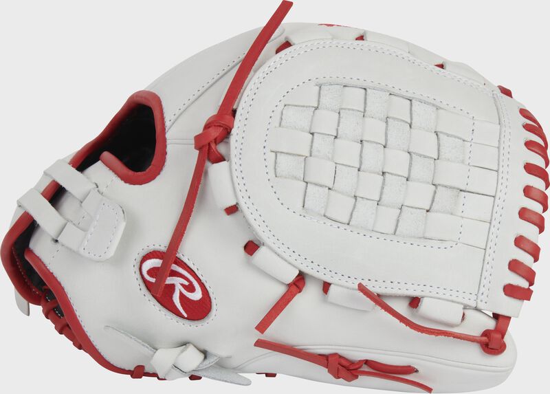 Thumb of a white/scarlet Liberty Advanced 12.5" softball glove with a white basket web - SKU: RLA125-3S