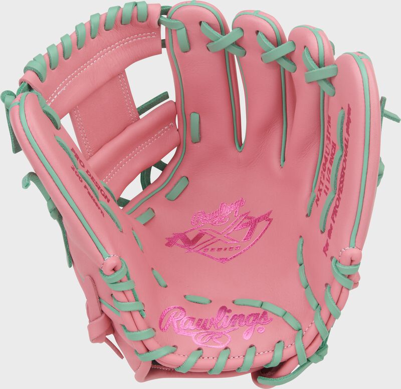 Palm of a Rawlings NXT Series 11.5-Inch Pink Infield Glove with mint laces