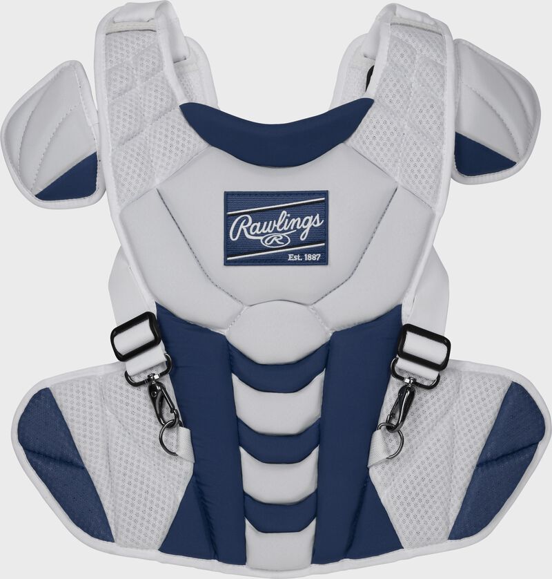 Front of a white/navy Velo softball chest protector
