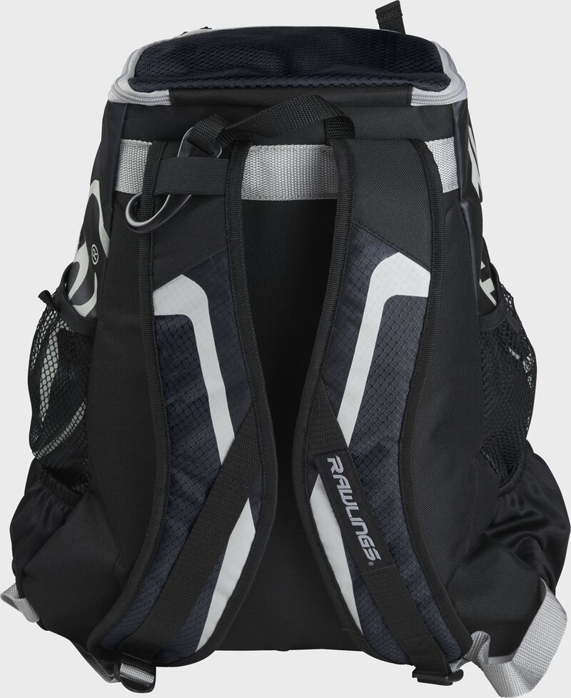 Back of black R500 Players team backpack with black shoulder straps