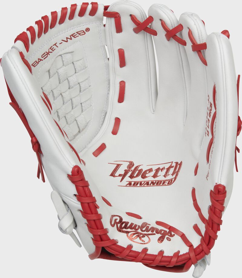 White palm of a Rawlings Liberty Advanced softball glove with scarlet laces and scarlet palm stamp - SKU: RLA125-3S