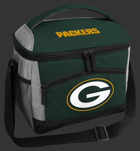 A green colored Green Bay Packers 12 can soft sided cooler with a team logo on the front - SKU: 10111068111