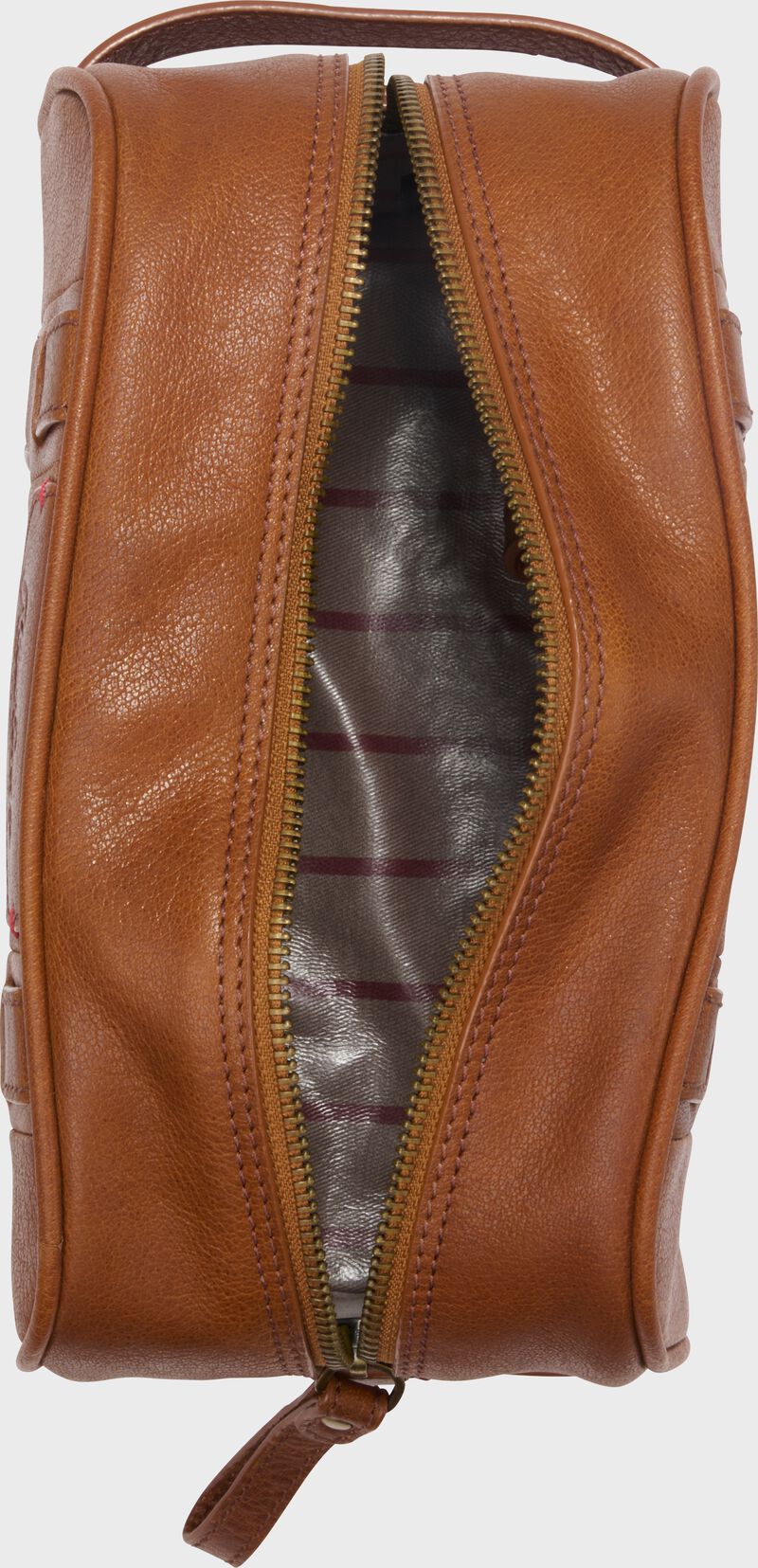 Inside view of a tan Rawlings Home Run travel kit