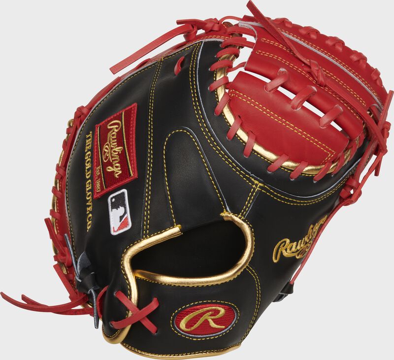 Black back of a 32.5" Heart of the Hide R2G ContoUR Fit catcher's mitt with a red Oval-R on the wrist - SKU: PRORCM325US loading=